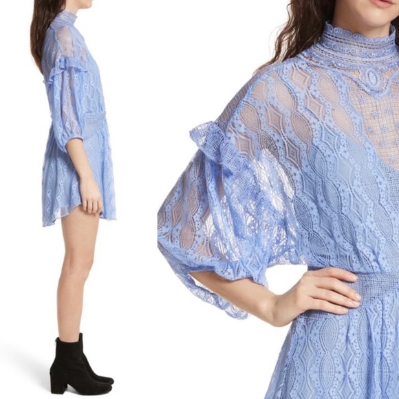 Free People Womens Lace Overlay Mock Neck Broadway Blue Mini Dress - Picture 5 of 12